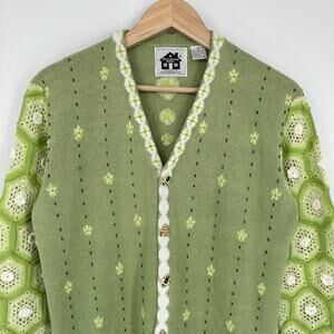 Storybook Knits Vintage 90s Bee Sweater Crochet Granny Square Chunky Cardigan